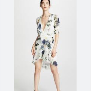 Nicholas White Blue Rose Ruffle Wrap Dress 100%‎ silk